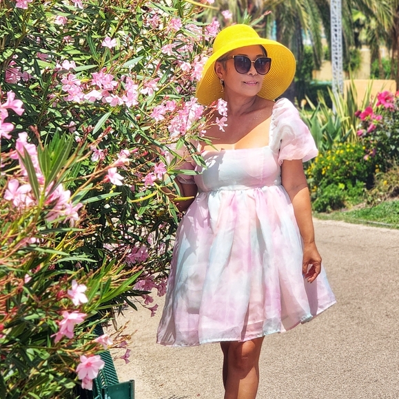 Babydoll Rainbow Tie Dye Puff Sleeve Mini Dress - Picture 12 of 14